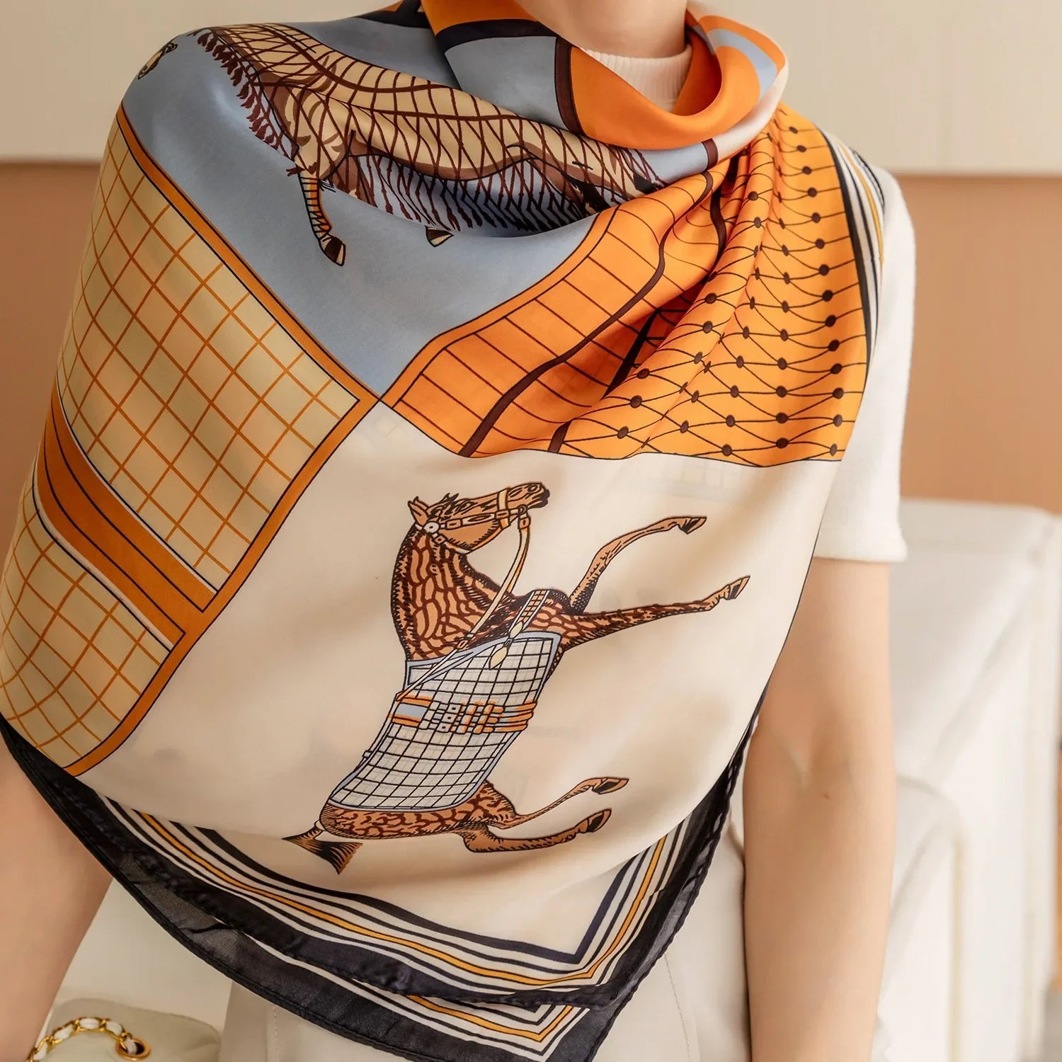 LadyLou Collection Vintage Horse Print Silk Scarf